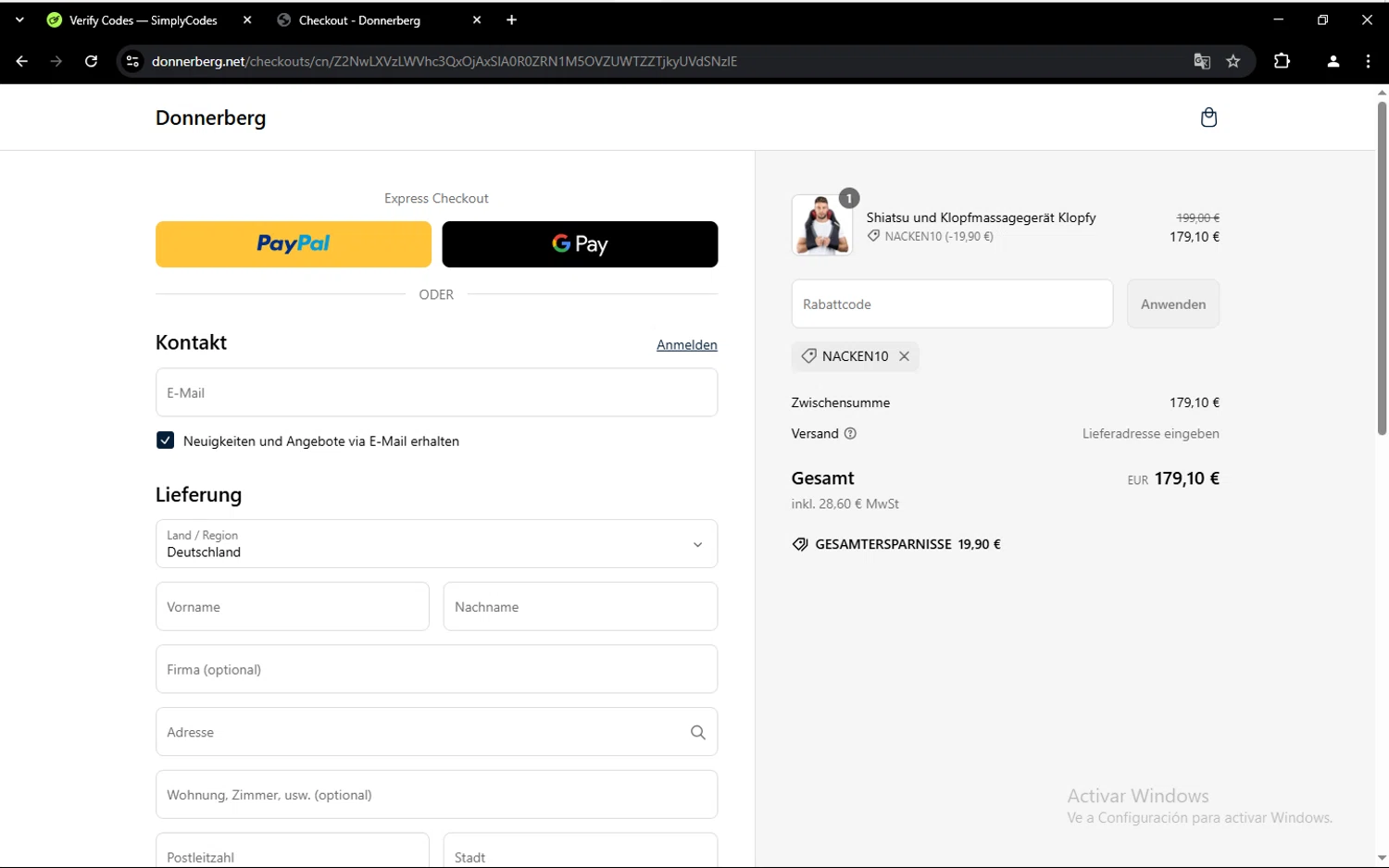 Donnerberg promo code screenshot showing code NACKEN10 applied at Donnerberg checkout page. Uploaded by SimplyCodes community member jeromartin on Mar 12, 2025