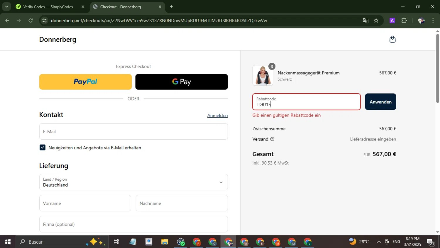 Donnerberg promo code screenshot showing code LDBJ15 applied at Donnerberg checkout page. Uploaded by SimplyCodes community member alfredohernandez on Apr 1, 2025