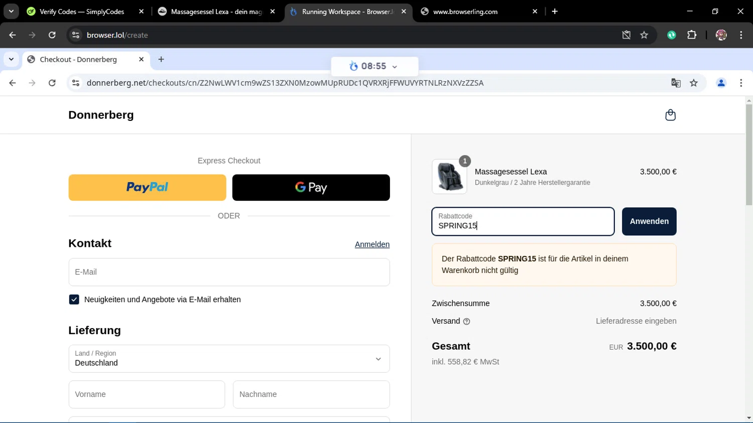 Donnerberg promo code screenshot showing code SPRING15 applied at Donnerberg checkout page. Uploaded by SimplyCodes community member Juliet on Mar 31, 2025