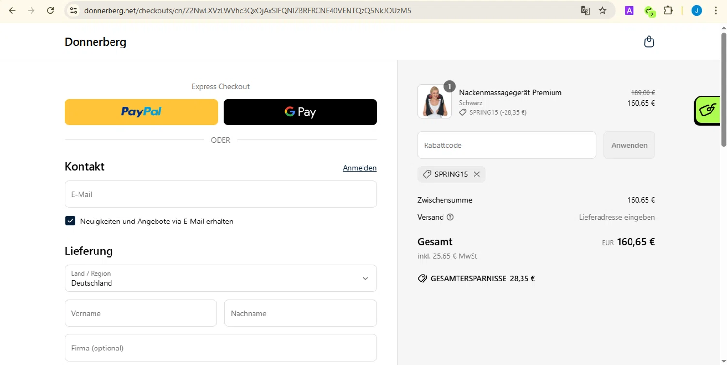 Donnerberg promo code screenshot showing code SPRING15 applied at Donnerberg checkout page. Uploaded by SimplyCodes community member jessicasuarez on Mar 31, 2025