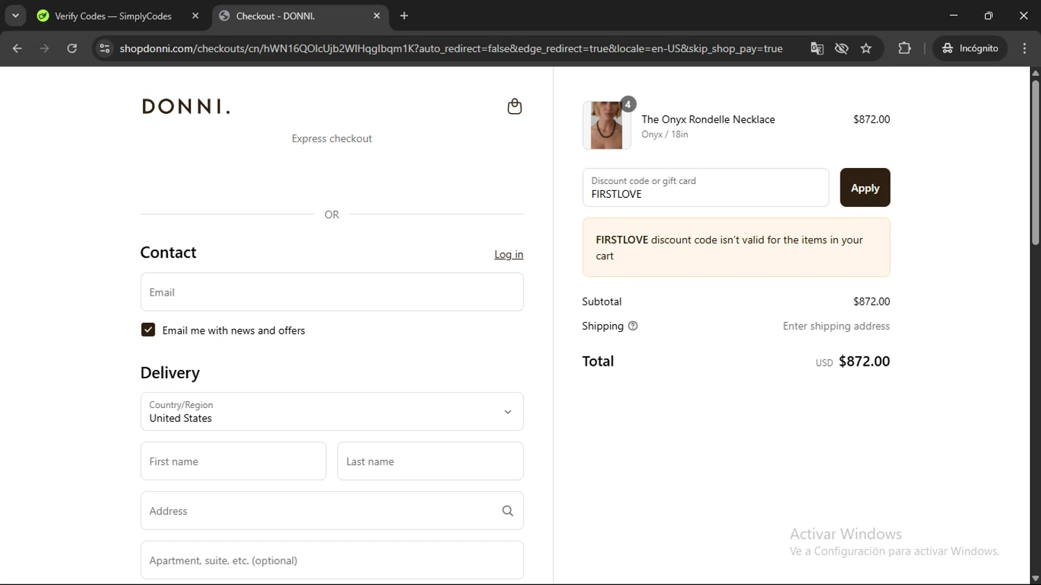 Donni. promo code screenshot showing code FIRSTLOVE applied at Donni. checkout page. Uploaded by SimplyCodes community member SAIKOO on Jul 27, 2025