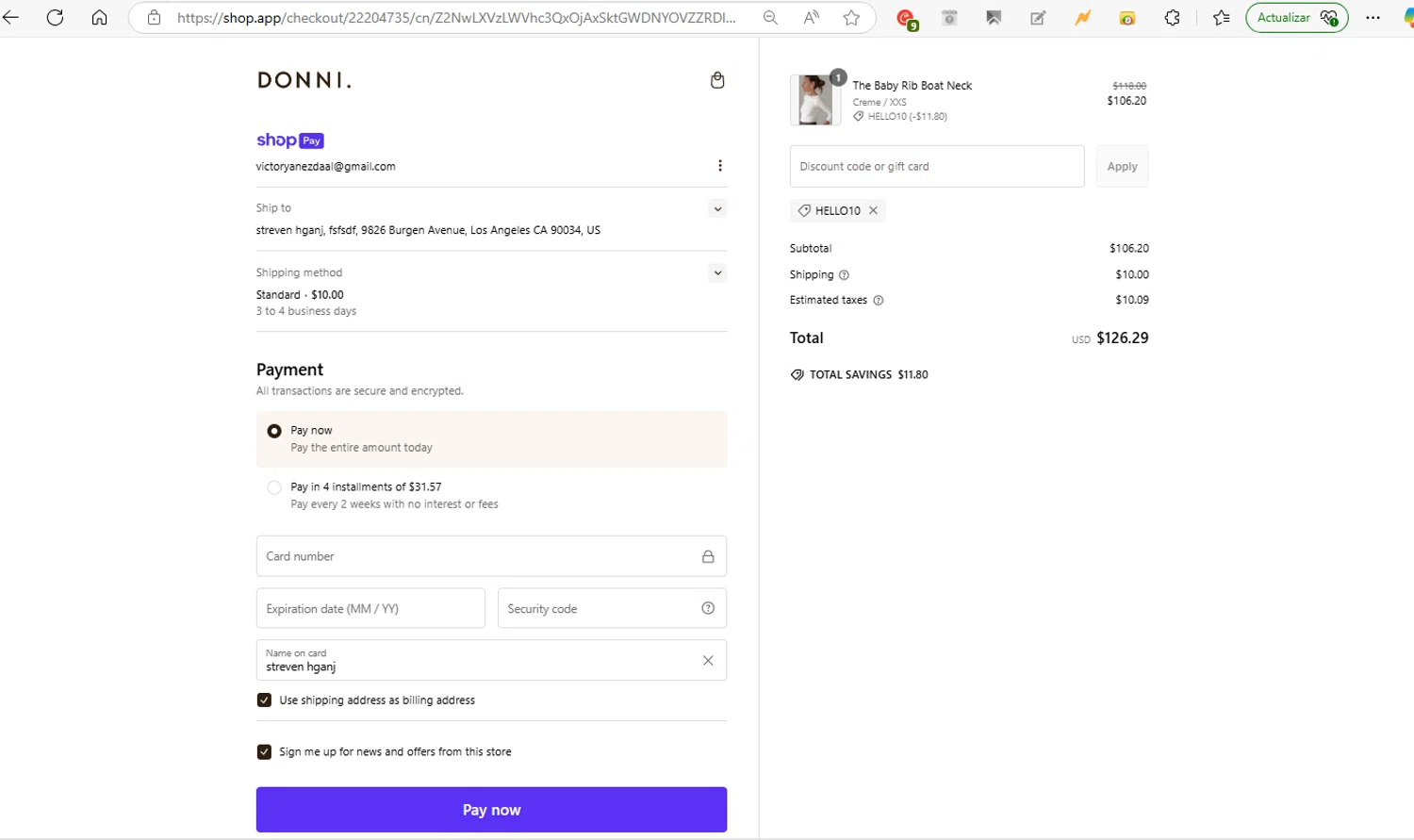 Donni. promo code screenshot showing code HELLO10 applied at Donni. checkout page. Uploaded by SimplyCodes community member VictorYanez on Feb 7, 2025