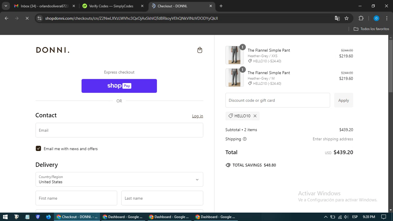 Donni. promo code screenshot showing code HELLO10 applied at Donni. checkout page. Uploaded by SimplyCodes community member GoldHunter9818 on Jan 14, 2025