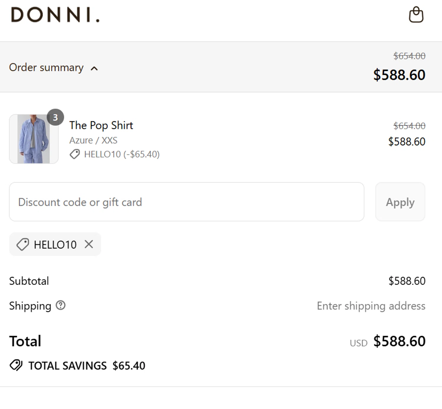 Donni. promo code screenshot showing code HELLO10 applied at Donni. checkout page. Uploaded by SimplyCodes community member steve_jeff on Jul 31, 2025