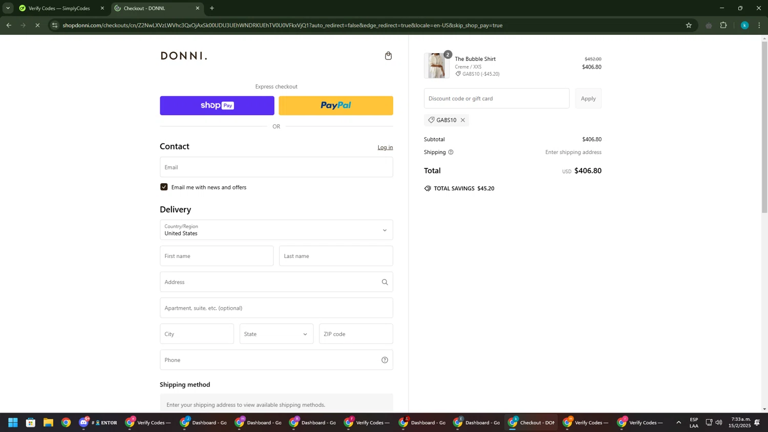 Donni. promo code screenshot showing code GABS10 applied at Donni. checkout page. Uploaded by SimplyCodes community member RewardKnight9989 on Feb 15, 2025