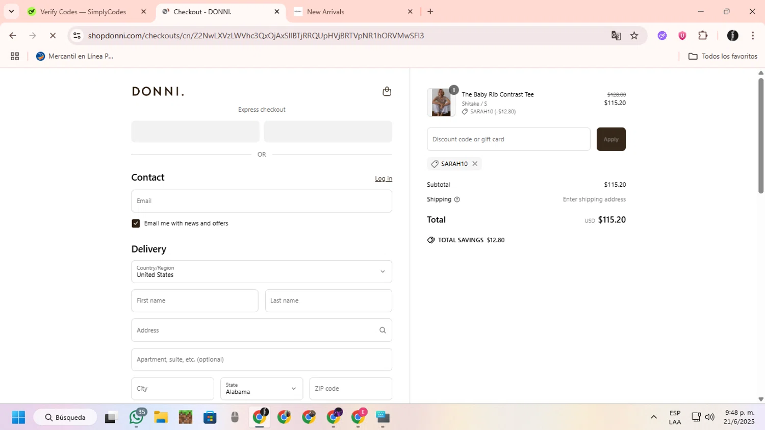 Donni. promo code screenshot showing code SARAH10 applied at Donni. checkout page. Uploaded by SimplyCodes community member ChinoYugiXD on Jun 22, 2025