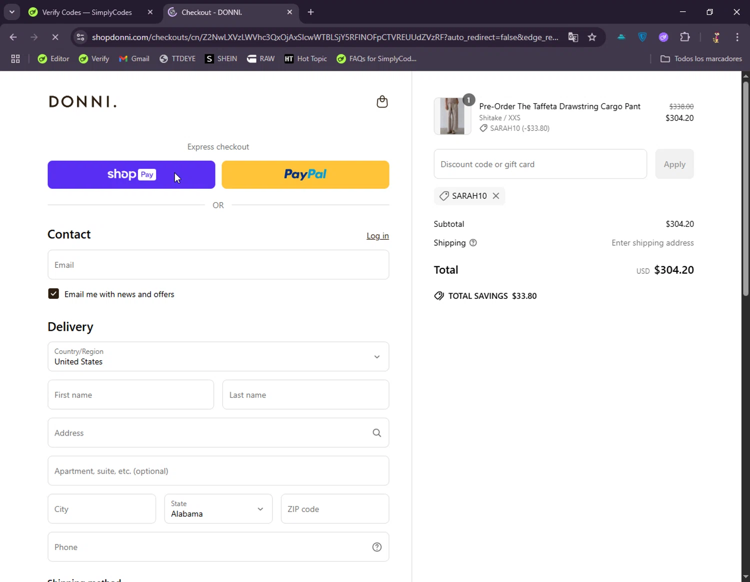 Donni. promo code screenshot showing code SARAH10 applied at Donni. checkout page. Uploaded by SimplyCodes community member DonGato on May 24, 2025