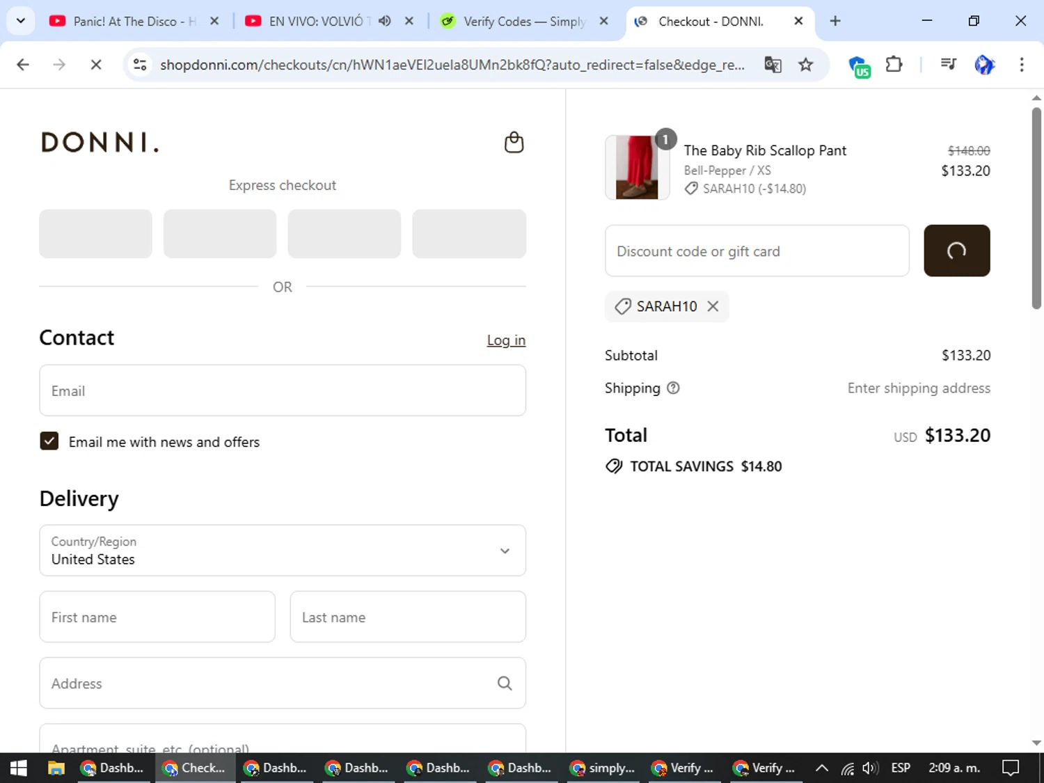 Donni. promo code screenshot showing code SARAH10 applied at Donni. checkout page. Uploaded by SimplyCodes community member WiseHunter8213 on Aug 9, 2025