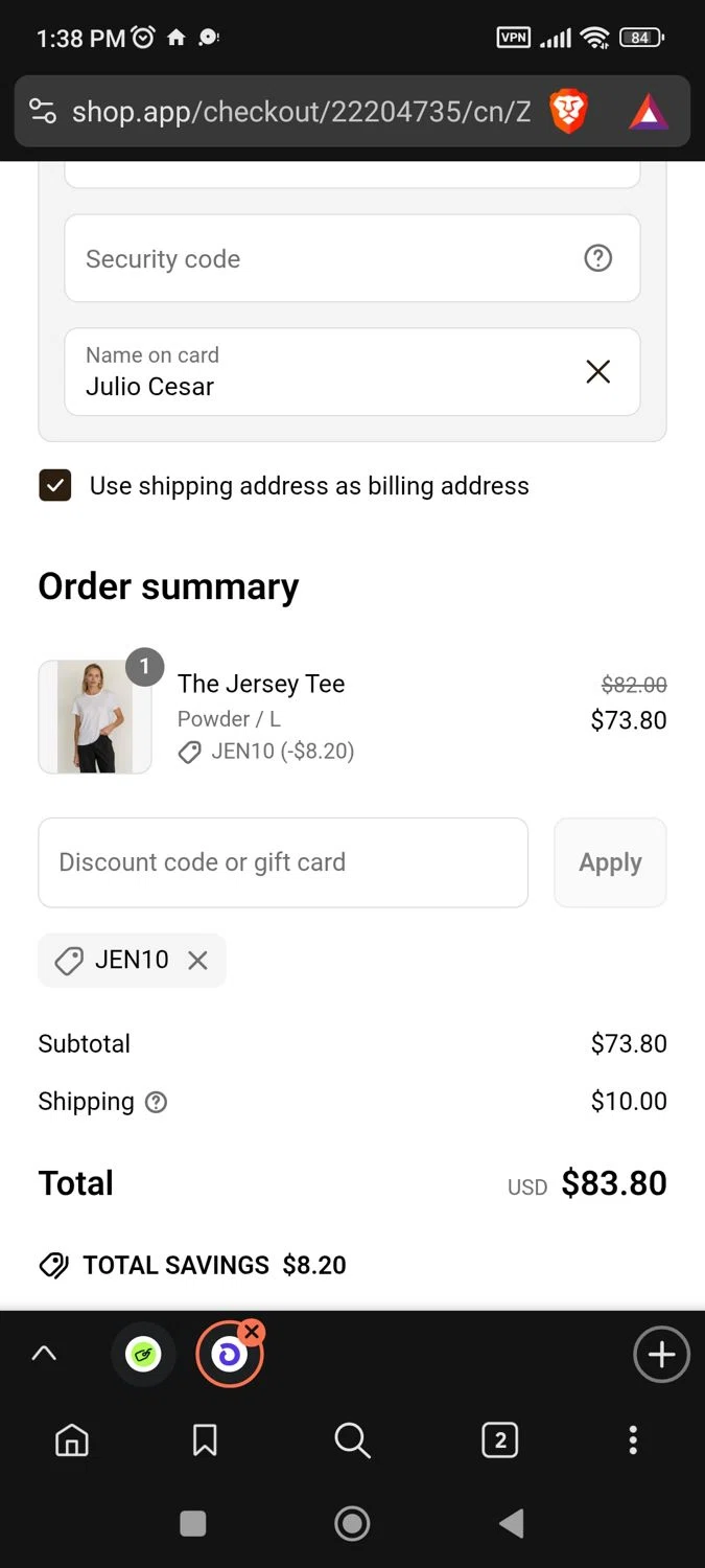 Donni. promo code screenshot showing code JEN10 applied at Donni. checkout page. Uploaded by SimplyCodes community member BargainPioneer8286 on Jun 23, 2025