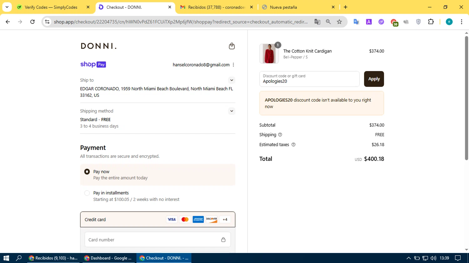 Donni. promo code screenshot showing code Apologies20 applied at Donni. checkout page. Uploaded by SimplyCodes community member BonusVoyager4214 on Jul 22, 2025