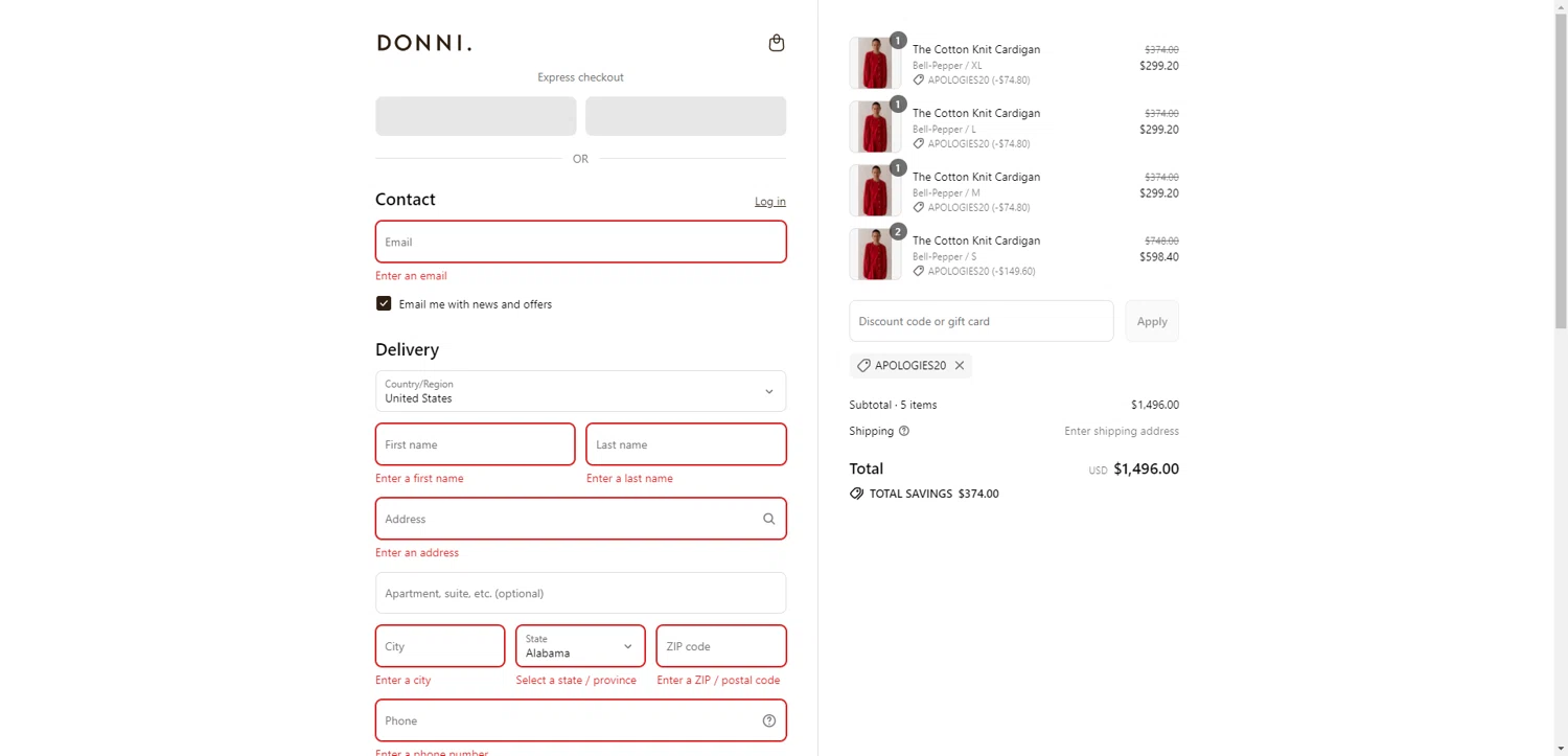 Donni. promo code screenshot showing code Apologies20 applied at Donni. checkout page. Uploaded by SimplyCodes community member PromoAdmiral6652 on Jul 22, 2025