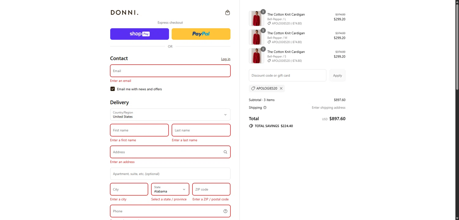 Donni. promo code screenshot showing code Apologies20 applied at Donni. checkout page. Uploaded by SimplyCodes community member TreasureScholar8716 on Jul 19, 2025