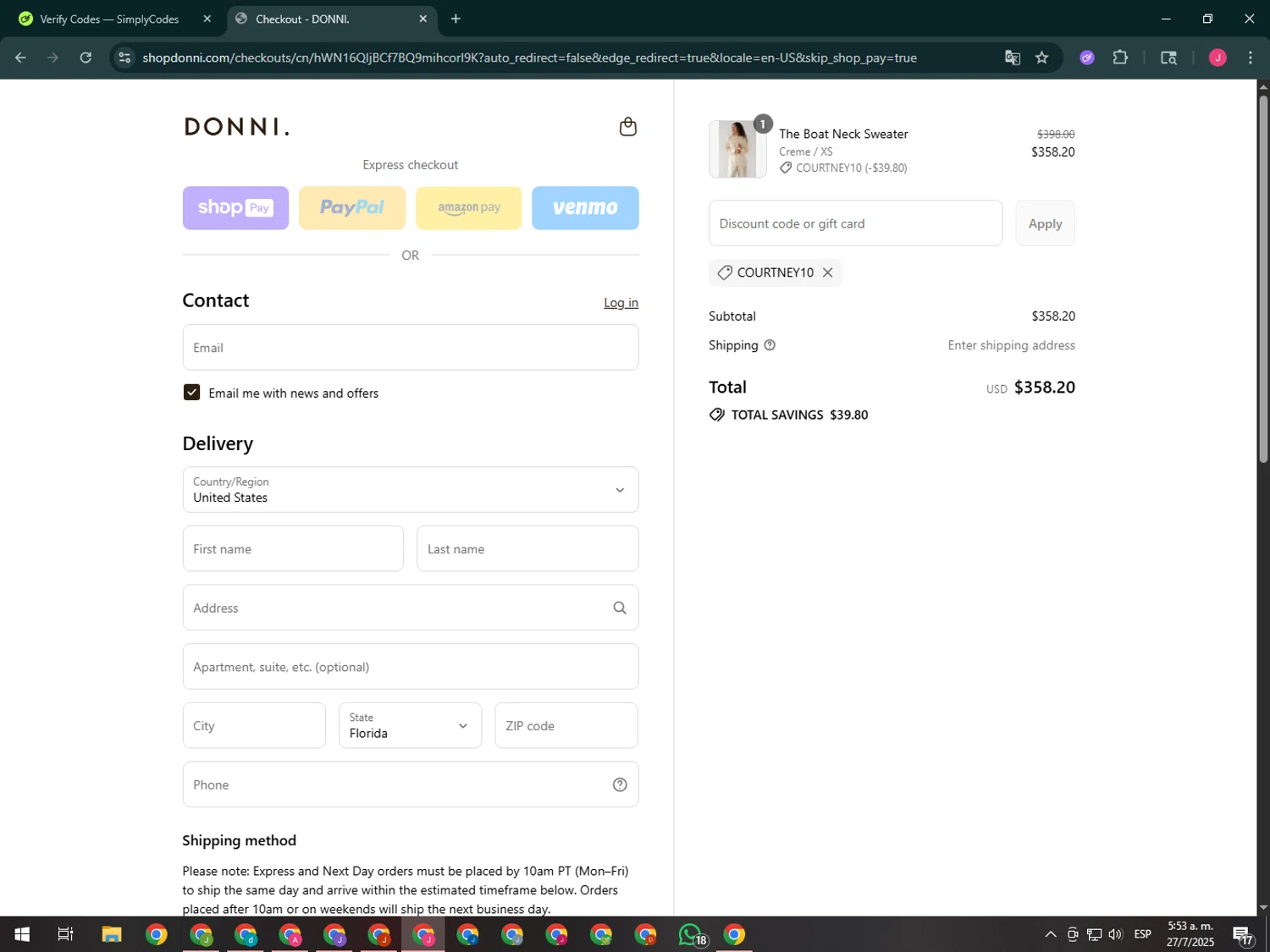 Donni. promo code screenshot showing code Courtney10 applied at Donni. checkout page. Uploaded by SimplyCodes community member CleverShopper2101 on Jul 27, 2025