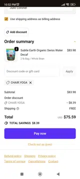 CHAIR.YOGA coupon verification screenshot