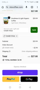 CHAIR.YOGA coupon verification screenshot