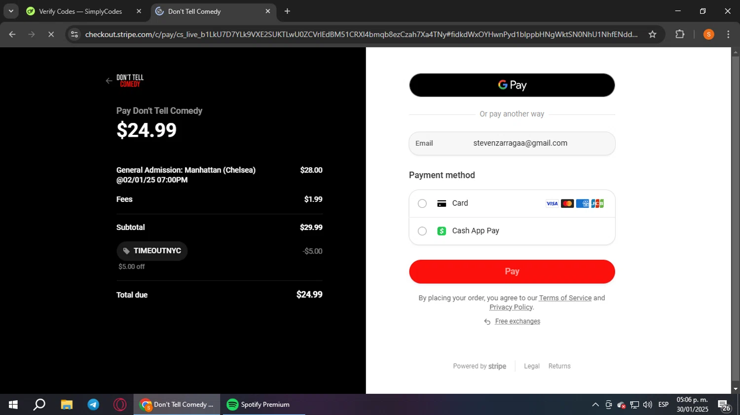 Don't Tell Comedy checkout page showing Don't Tell Comedy promo code box | Screenshot taken by SimplyCodes community member on Jan 30, 2025