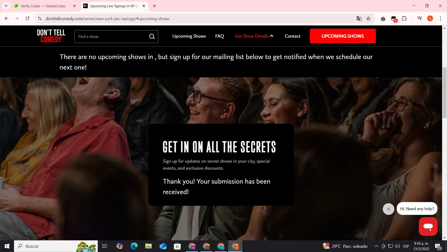 Don't Tell Comedy checkout page showing Don't Tell Comedy promo code box | Screenshot taken by SimplyCodes community member on Mar 21, 2025