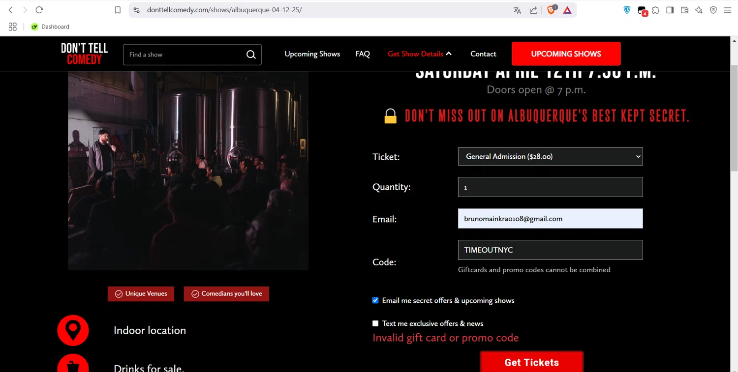 Don't Tell Comedy promo code screenshot showing code TIMEOUTNYC applied at Don't Tell Comedy checkout page. Uploaded by SimplyCodes community member NobleCurator8685 on Mar 31, 2025