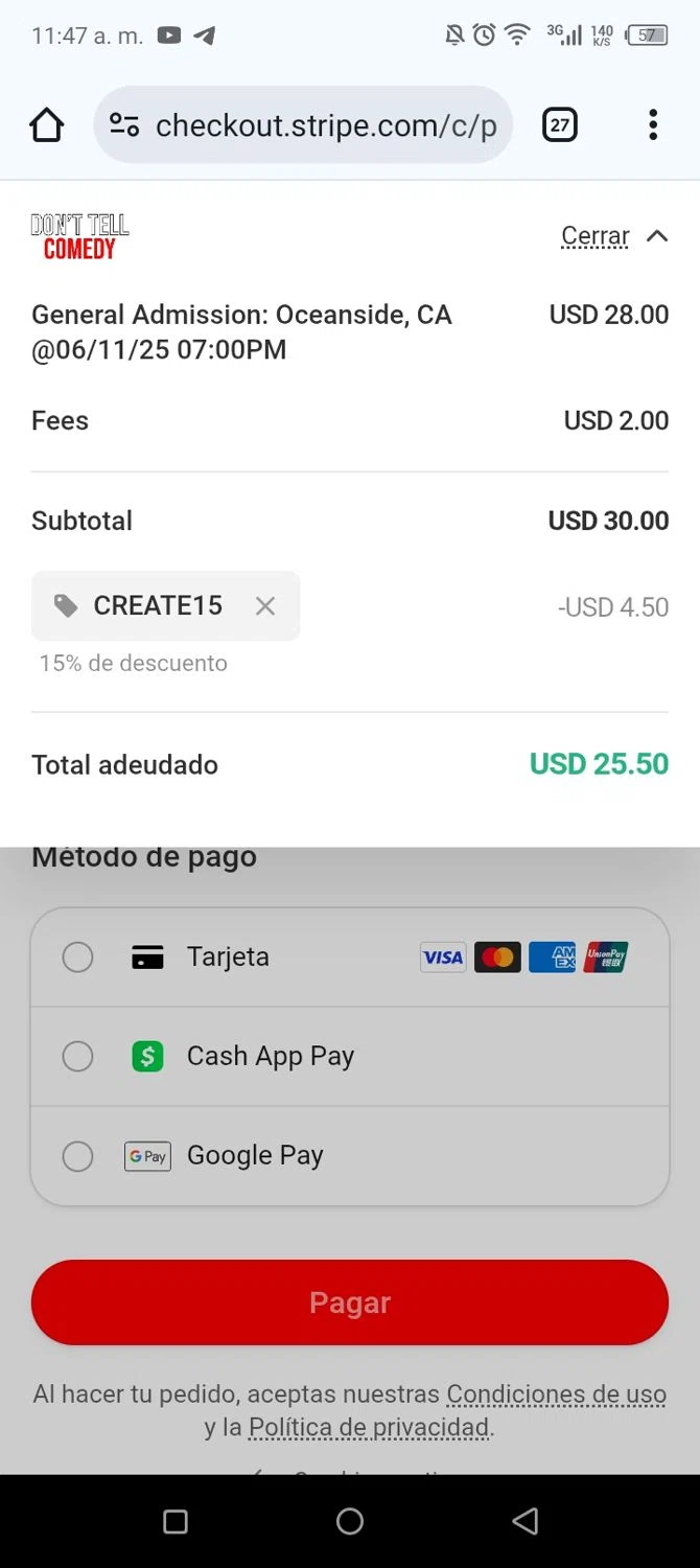 Don't Tell Comedy promo code screenshot showing code CREATE15 applied at Don't Tell Comedy checkout page. Uploaded by SimplyCodes community member sofihernandezz on Jun 11, 2025