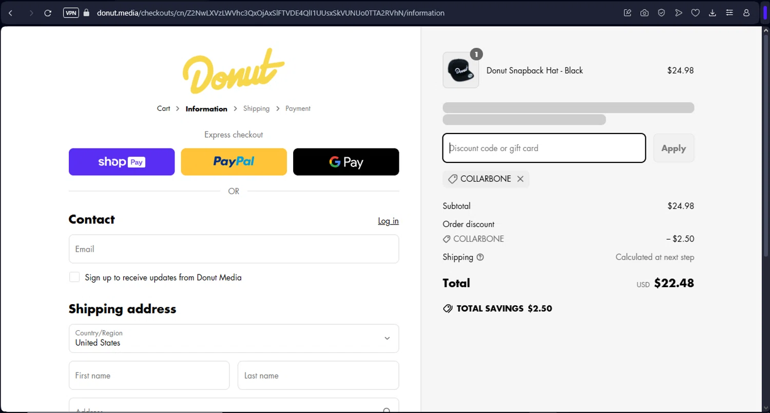 Donut Media discount code screenshot showing code COLLARBONE applied at Donut Media checkout page. Uploaded by SimplyCodes community member FrugalFox6593 on Apr 1, 2025