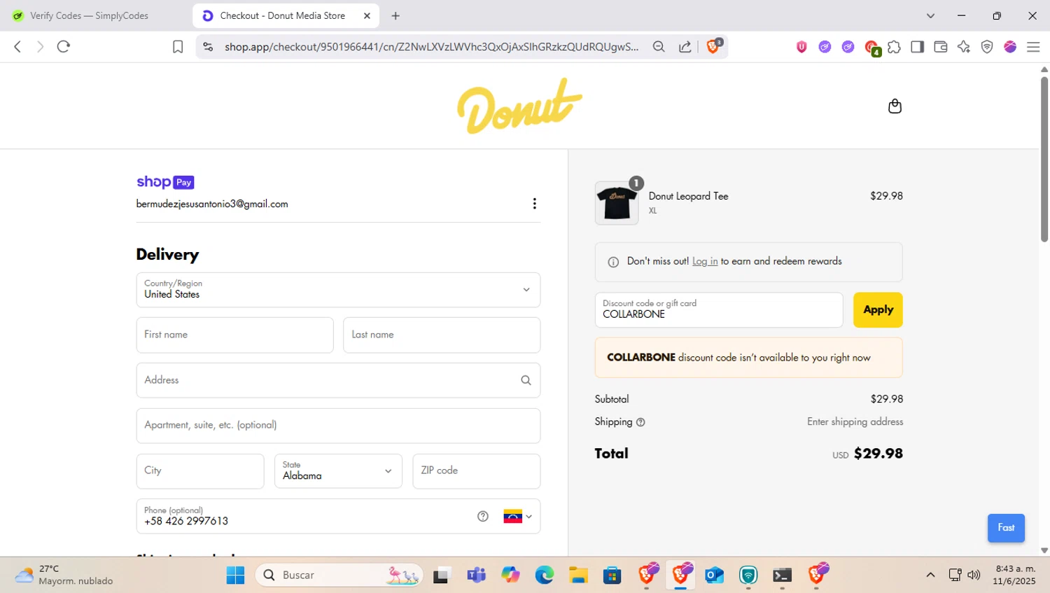 Donut Media discount code screenshot showing code COLLARBONE applied at Donut Media checkout page. Uploaded by SimplyCodes community member SapeGato on Jun 11, 2025