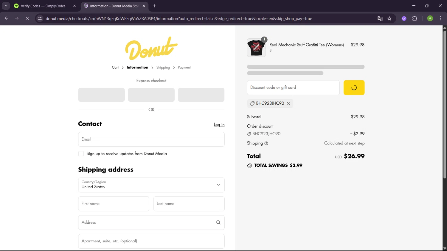 Donut Media discount code screenshot showing code BHC923JHC90 applied at Donut Media checkout page. Uploaded by SimplyCodes community member SavingsHero9122 on Jul 26, 2025