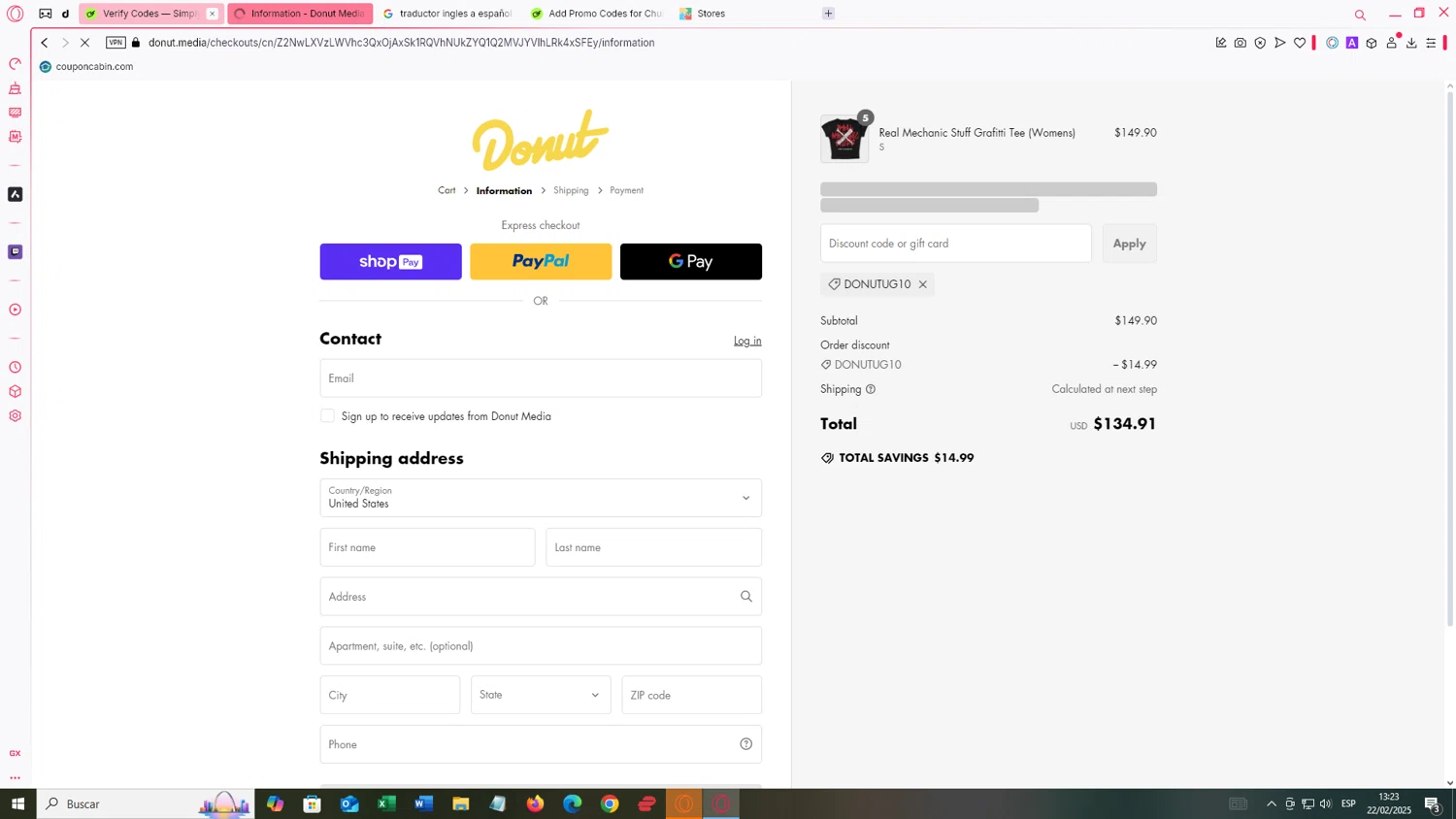 Donut Media discount code screenshot showing code DONUTUG10 applied at Donut Media checkout page. Uploaded by SimplyCodes community member JEUGENIO on Feb 22, 2025