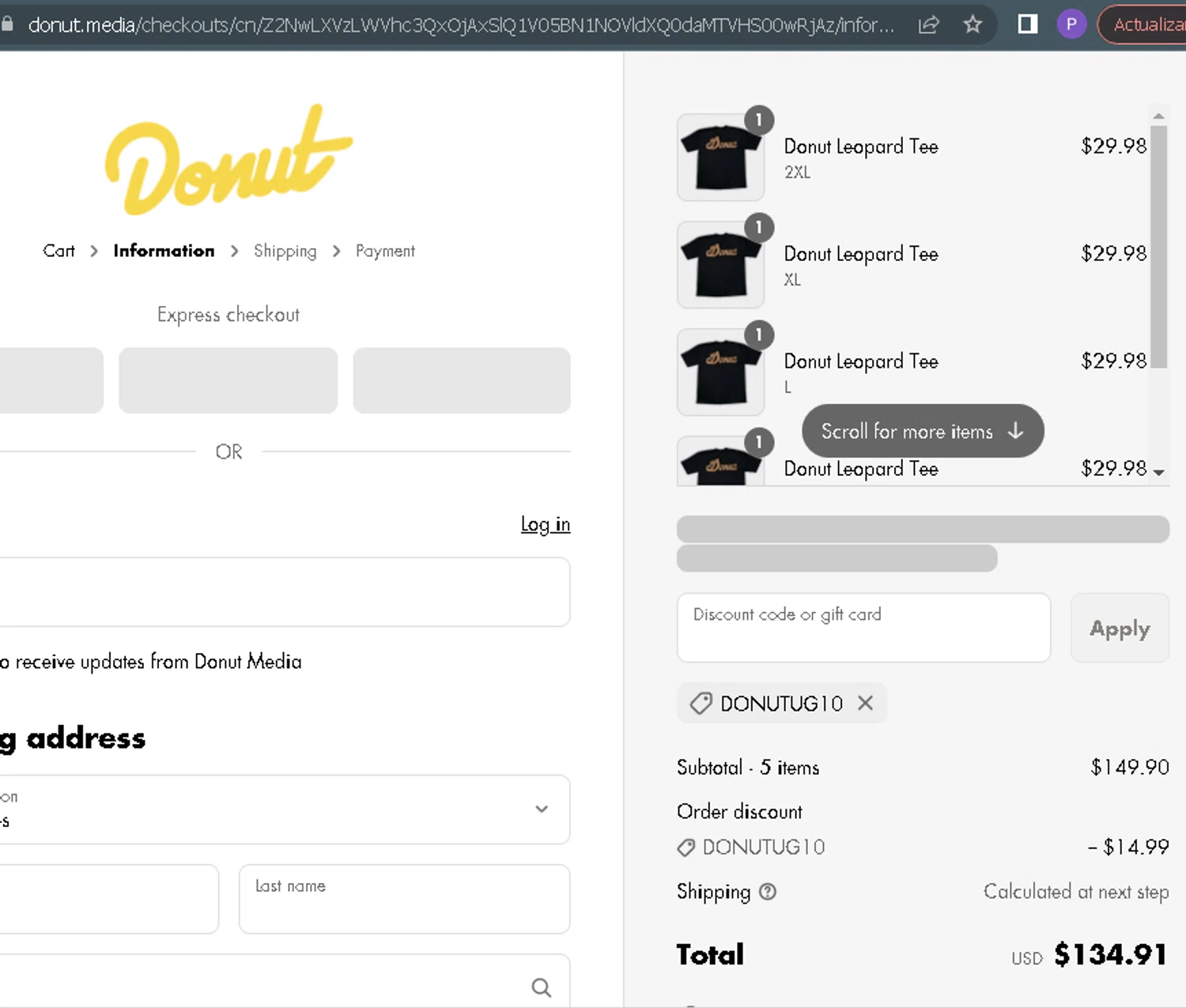 Donut Media discount code screenshot showing code DONUTUG10 applied at Donut Media checkout page. Uploaded by SimplyCodes community member ParisAntonio on May 1, 2025