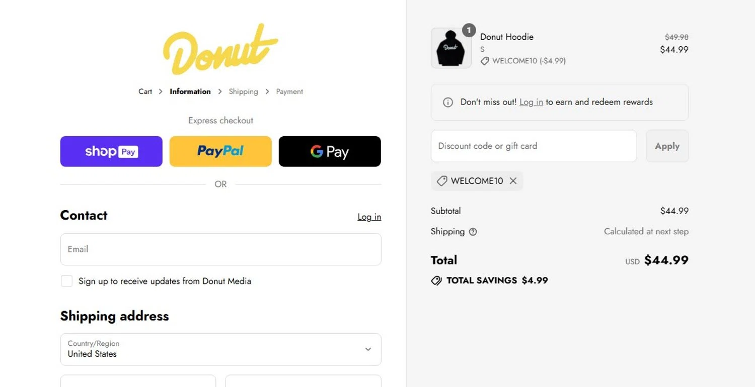Donut Media discount code screenshot showing code WELCOME10 applied at Donut Media checkout page. Uploaded by SimplyCodes community member angelfigueroa2008 on Aug 24, 2025
