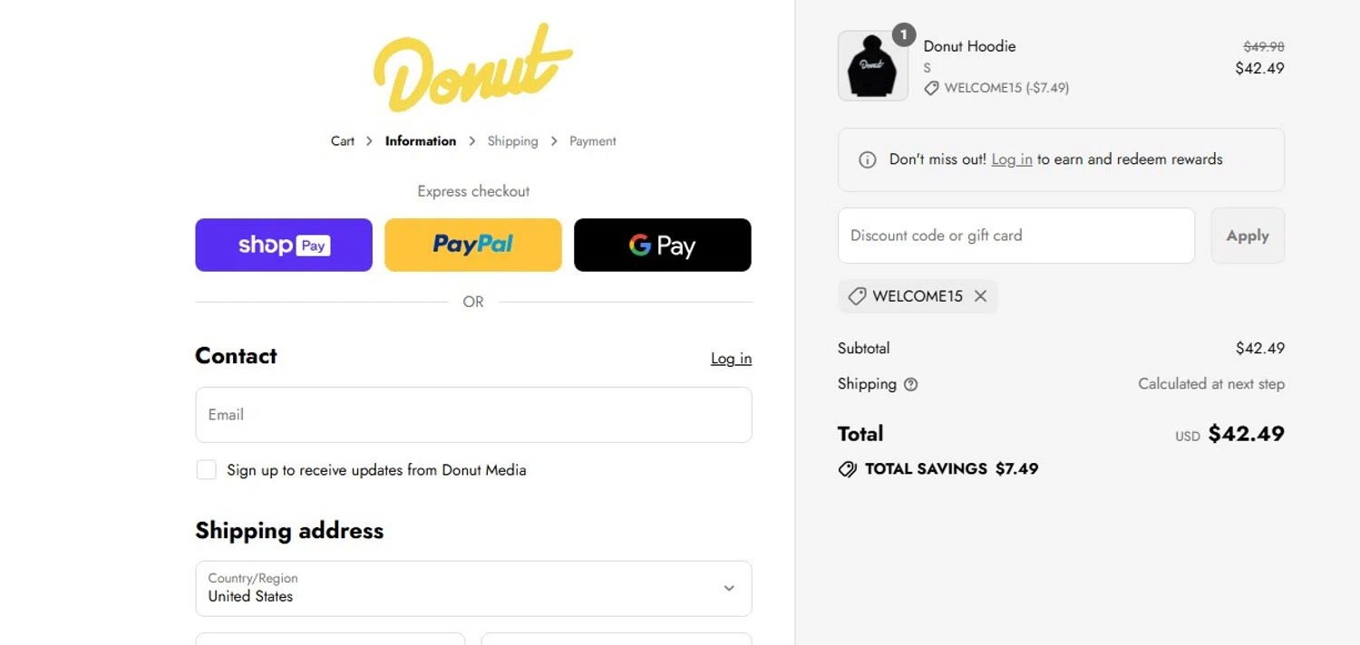 Donut Media discount code screenshot showing code WELCOME15 applied at Donut Media checkout page. Uploaded by SimplyCodes community member angelfigueroa2008 on Aug 24, 2025