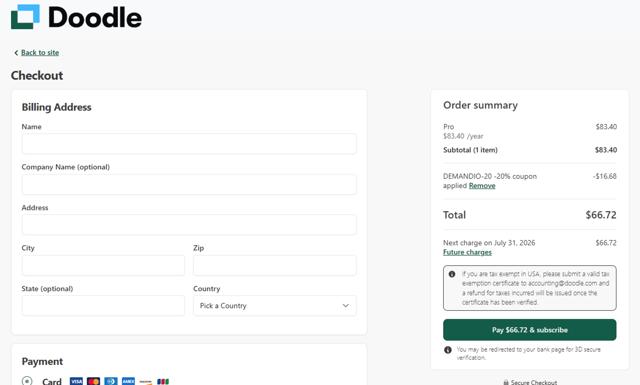 Doodle checkout page showing Doodle promo code box | Screenshot taken by SimplyCodes community member on Jul 31, 2025