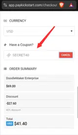 SECRET40 coupon verification screenshot