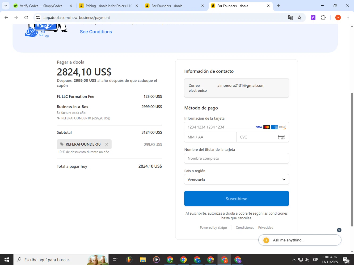 Doola coupon code screenshot showing code REFERAFOUNDER10 applied at Doola checkout page. Uploaded by SimplyCodes community member partenalgas on Nov 13, 2025