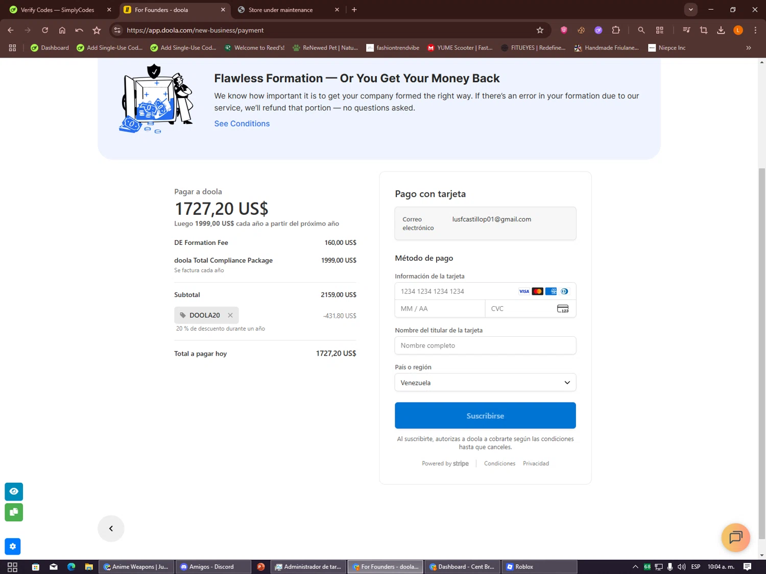 Doola checkout page showing Doola coupon code box | Screenshot taken by SimplyCodes community member on Dec 22, 2025