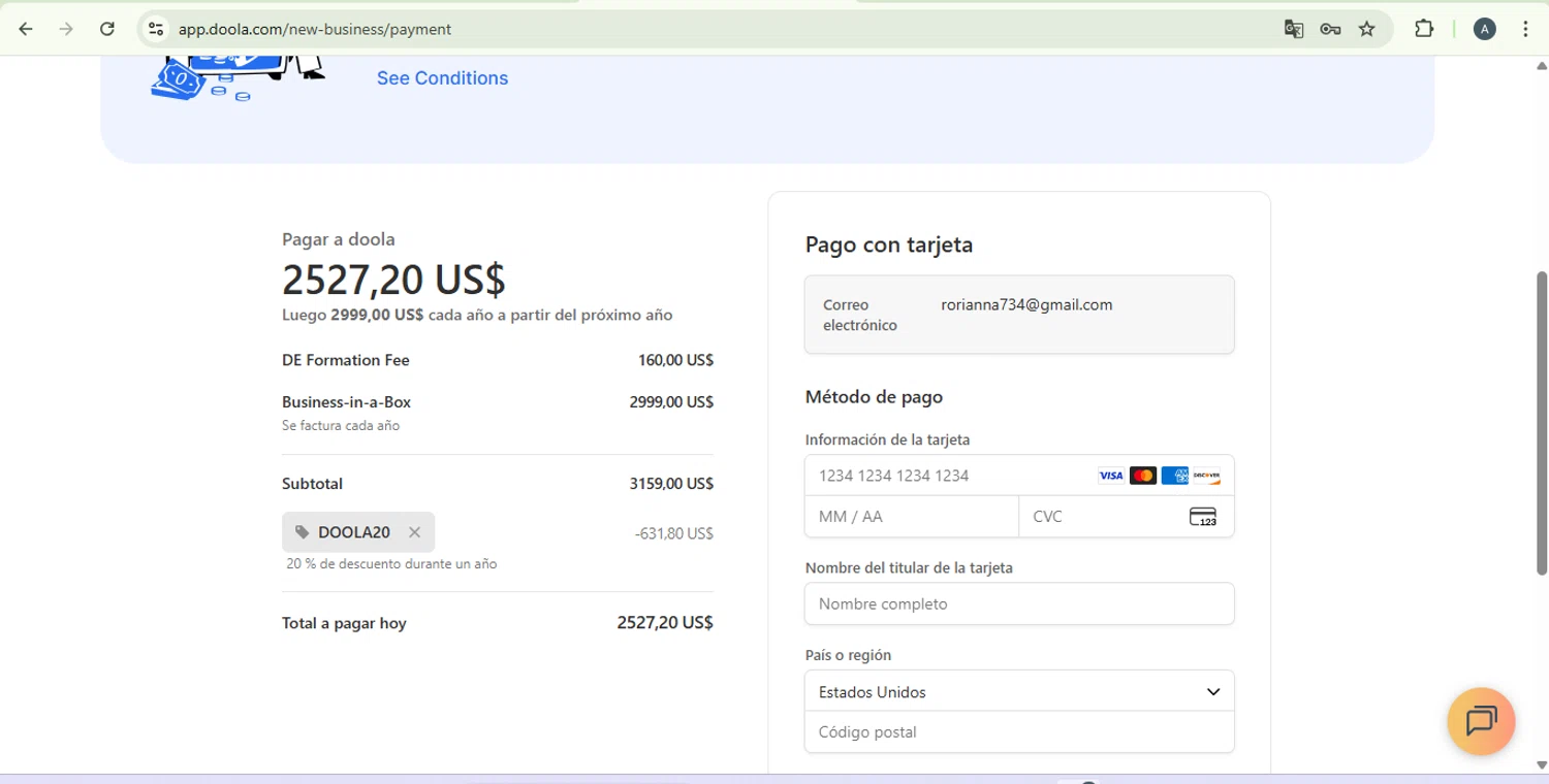 Doola checkout page showing Doola coupon code box | Screenshot taken by SimplyCodes community member on Jan 1, 2026