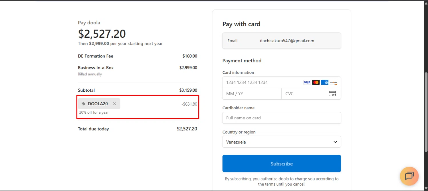 Doola checkout page showing Doola coupon code box | Screenshot taken by SimplyCodes community member on Dec 27, 2025