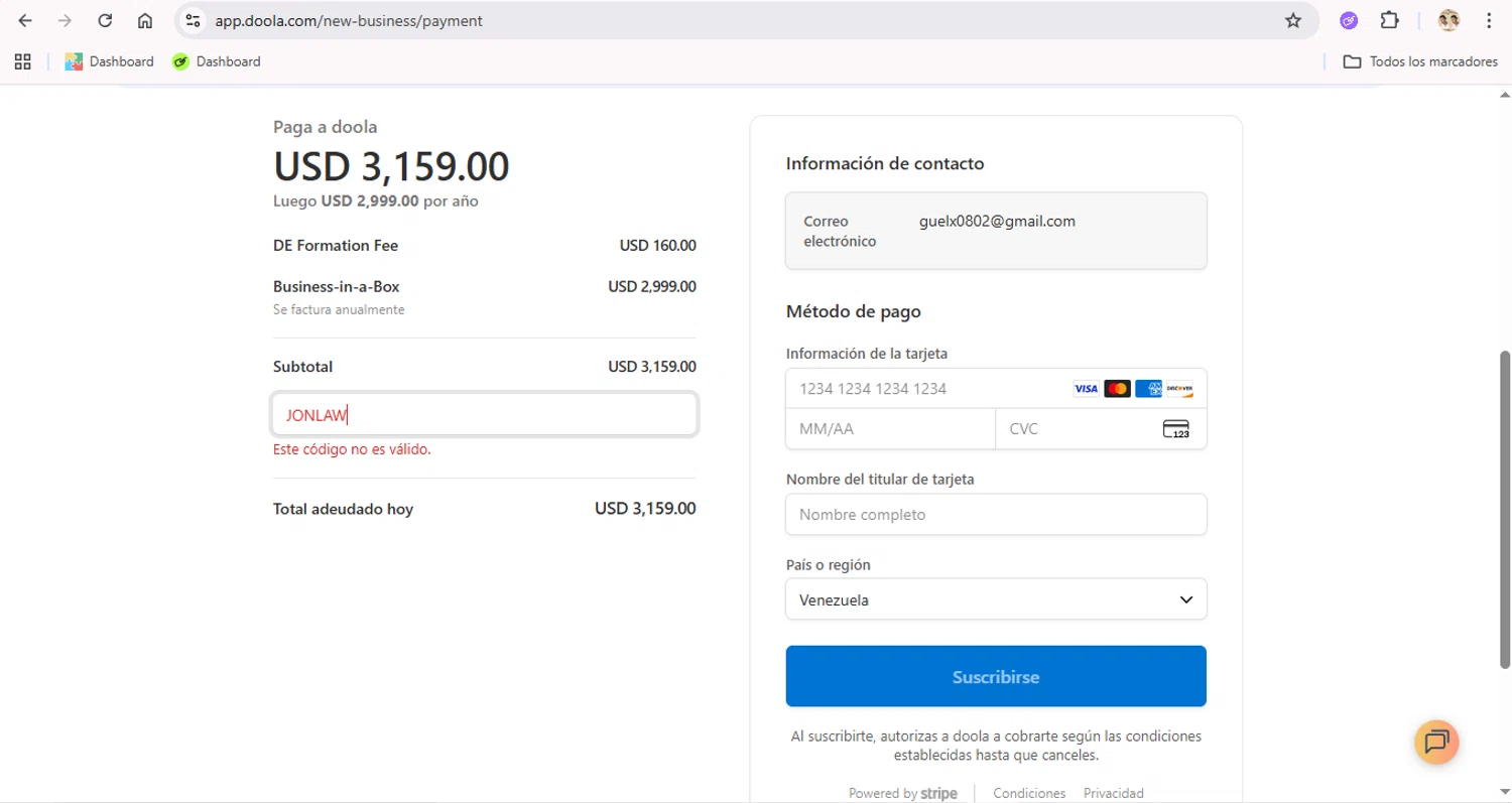 Doola coupon code screenshot showing code JONLAW applied at Doola checkout page. Uploaded by SimplyCodes community member LegendaryTitan9160 on Oct 2, 2025