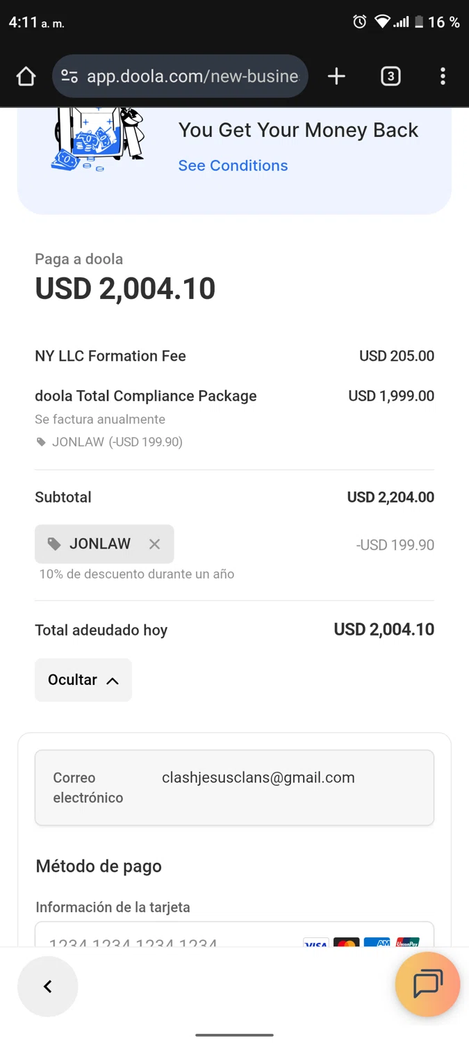 Doola coupon code screenshot showing code JONLAW applied at Doola checkout page. Uploaded by SimplyCodes community member ShrewdCollector5610 on Sep 24, 2025