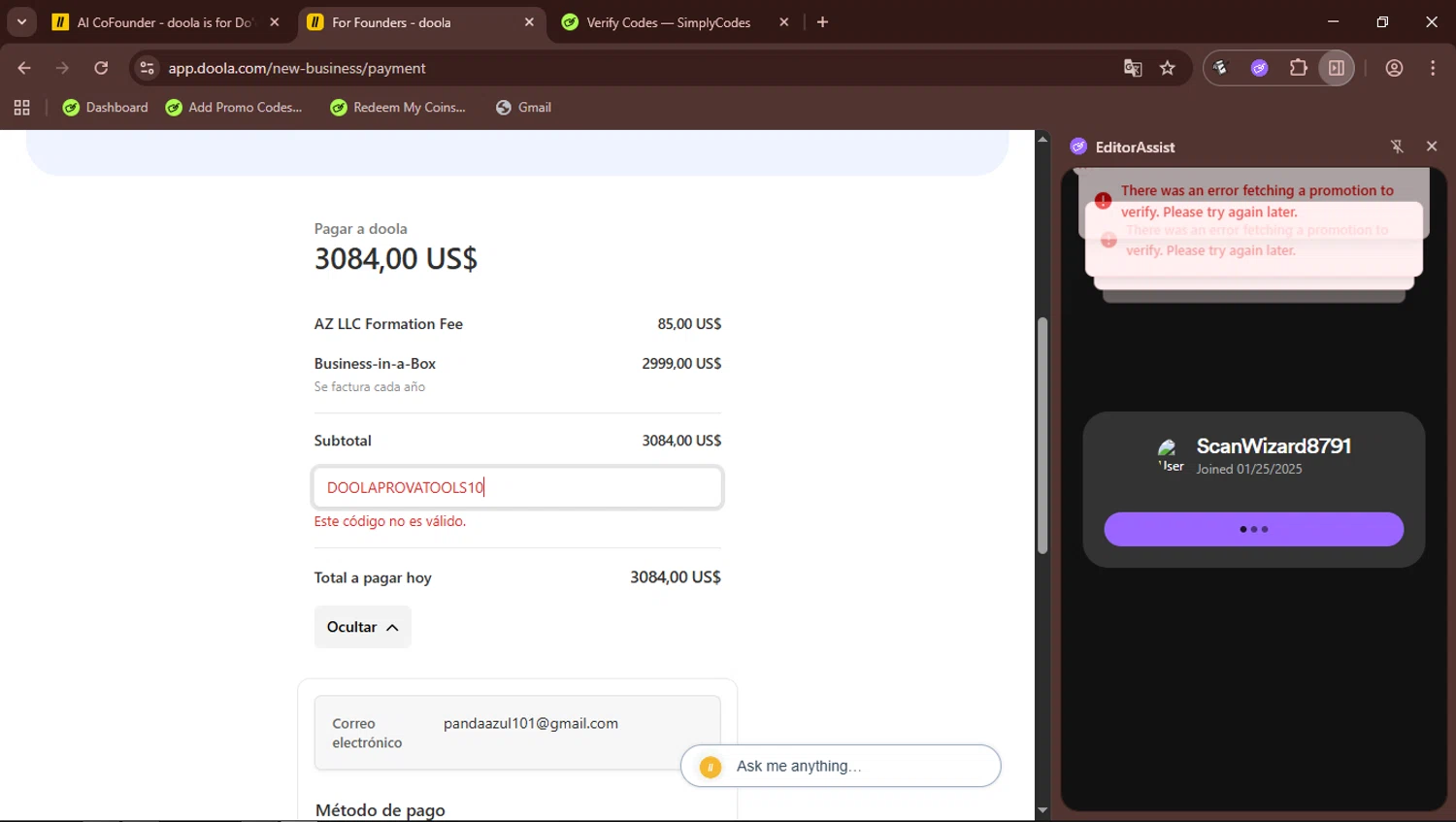 Doola coupon code screenshot showing code DOOLAPROVATOOLS10 applied at Doola checkout page. Uploaded by SimplyCodes community member ScanWizard8791 on Oct 2, 2025