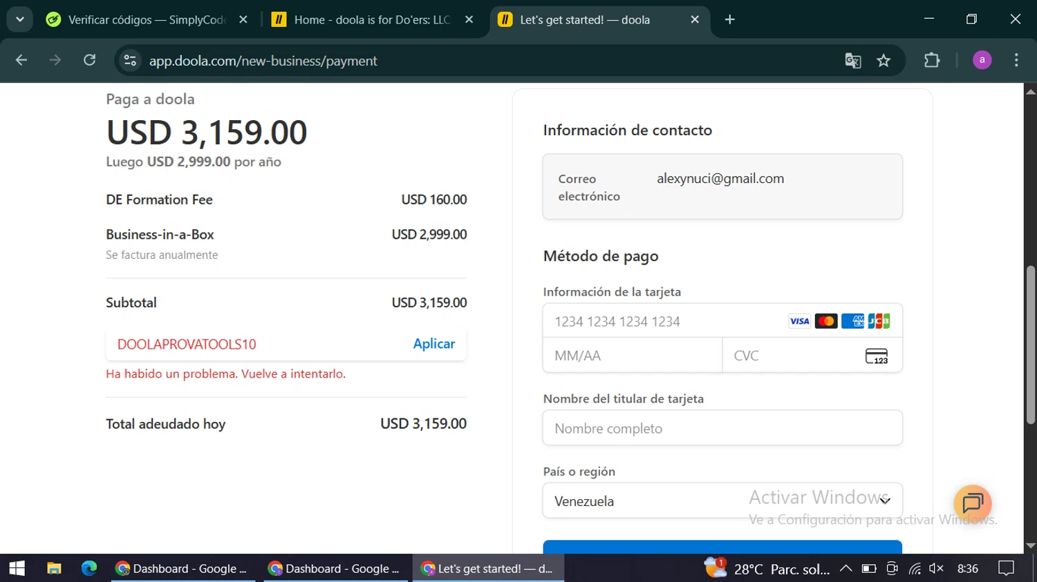 Doola coupon code screenshot showing code DOOLAPROVATOOLS10 applied at Doola checkout page. Uploaded by SimplyCodes community member alexandracarolina on Oct 2, 2025