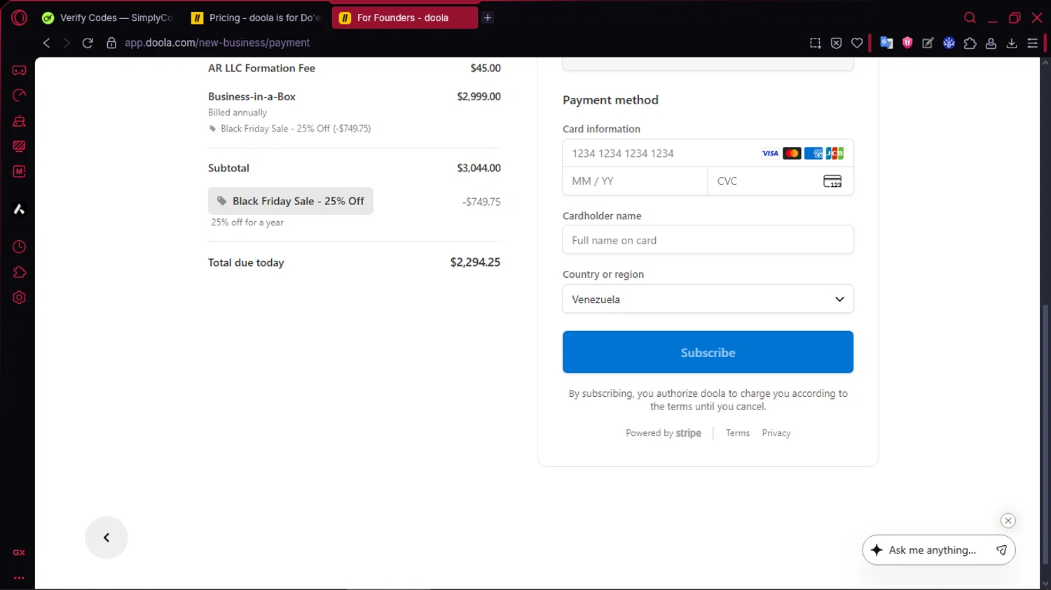 Doola coupon code screenshot showing code JACKNEEL applied at Doola checkout page. Uploaded by SimplyCodes community member TOLUENO on Nov 18, 2025