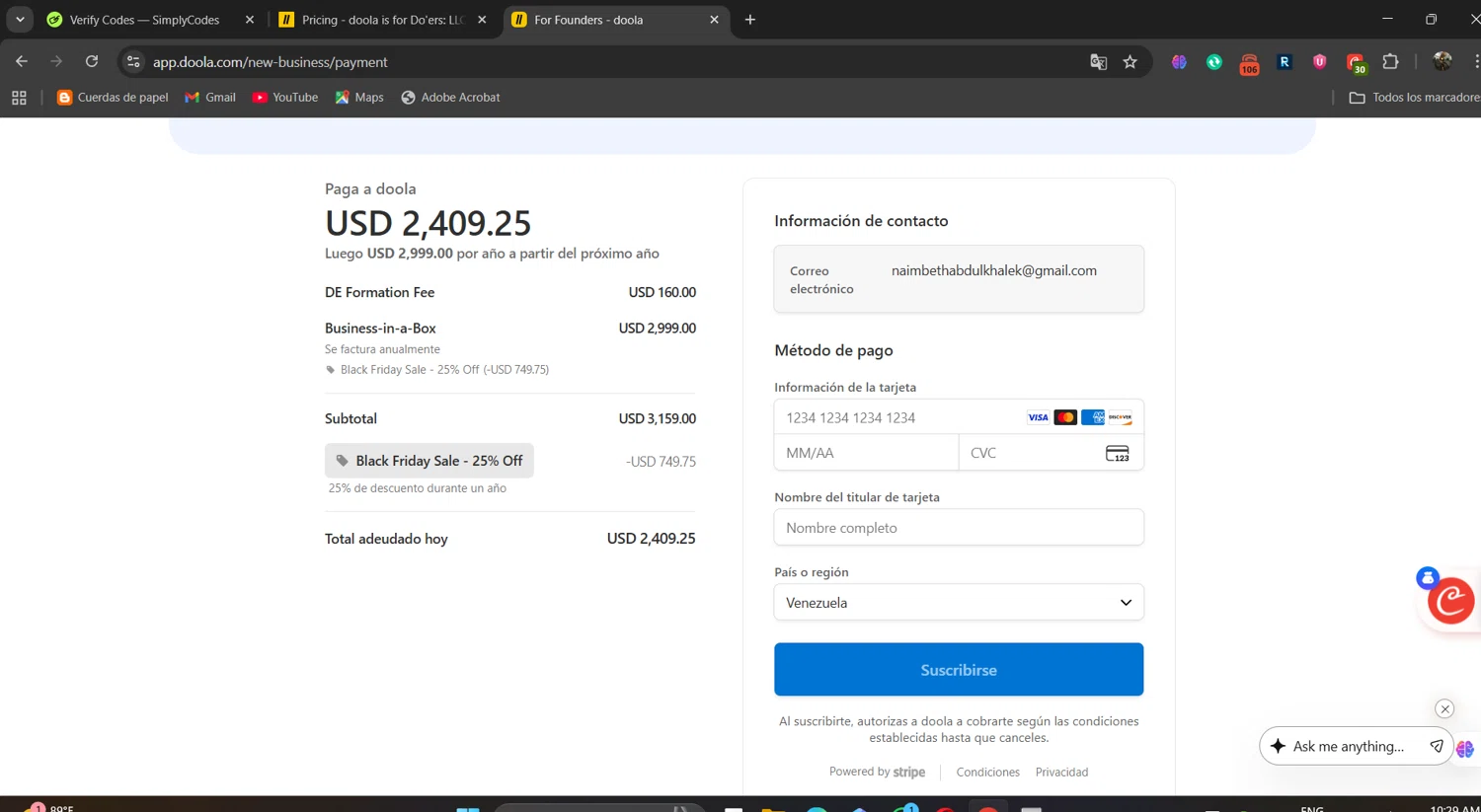 Doola coupon code screenshot showing code JACKNEEL applied at Doola checkout page. Uploaded by SimplyCodes community member naimbethak on Nov 18, 2025