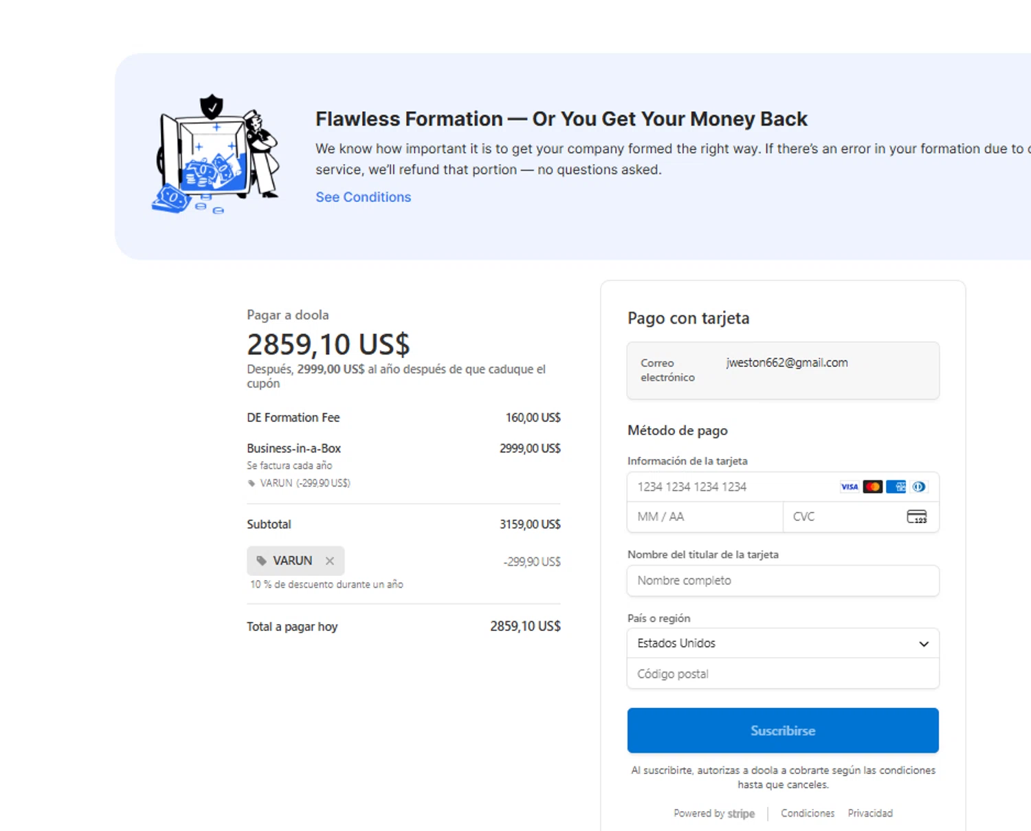 Doola checkout page showing Doola coupon code box | Screenshot taken by SimplyCodes community member on Dec 22, 2025