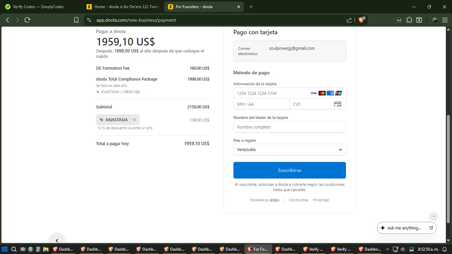Doola checkout page showing Doola coupon code box | Screenshot taken by SimplyCodes community member on Dec 22, 2025