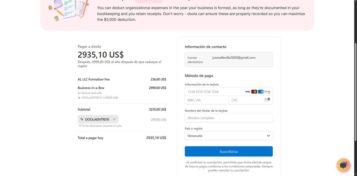 Doola coupon code screenshot showing code DOOLAENTRE10 applied at Doola checkout page. Uploaded by SimplyCodes community member Depressive on Jul 1, 2025