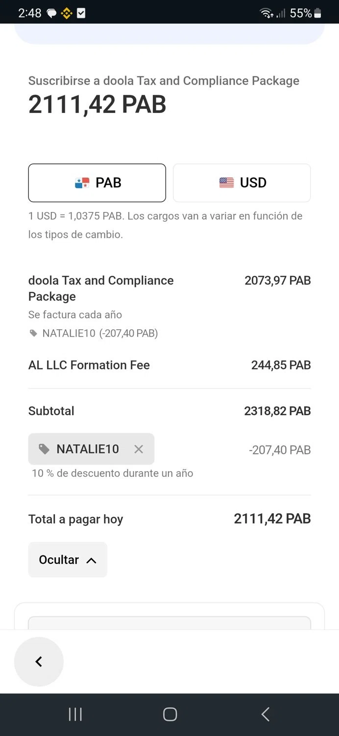 Doola promo code screenshot showing code NATALIE10 applied at Doola checkout page. Uploaded by SimplyCodes community member Gv135468293745512 on Jun 1, 2026