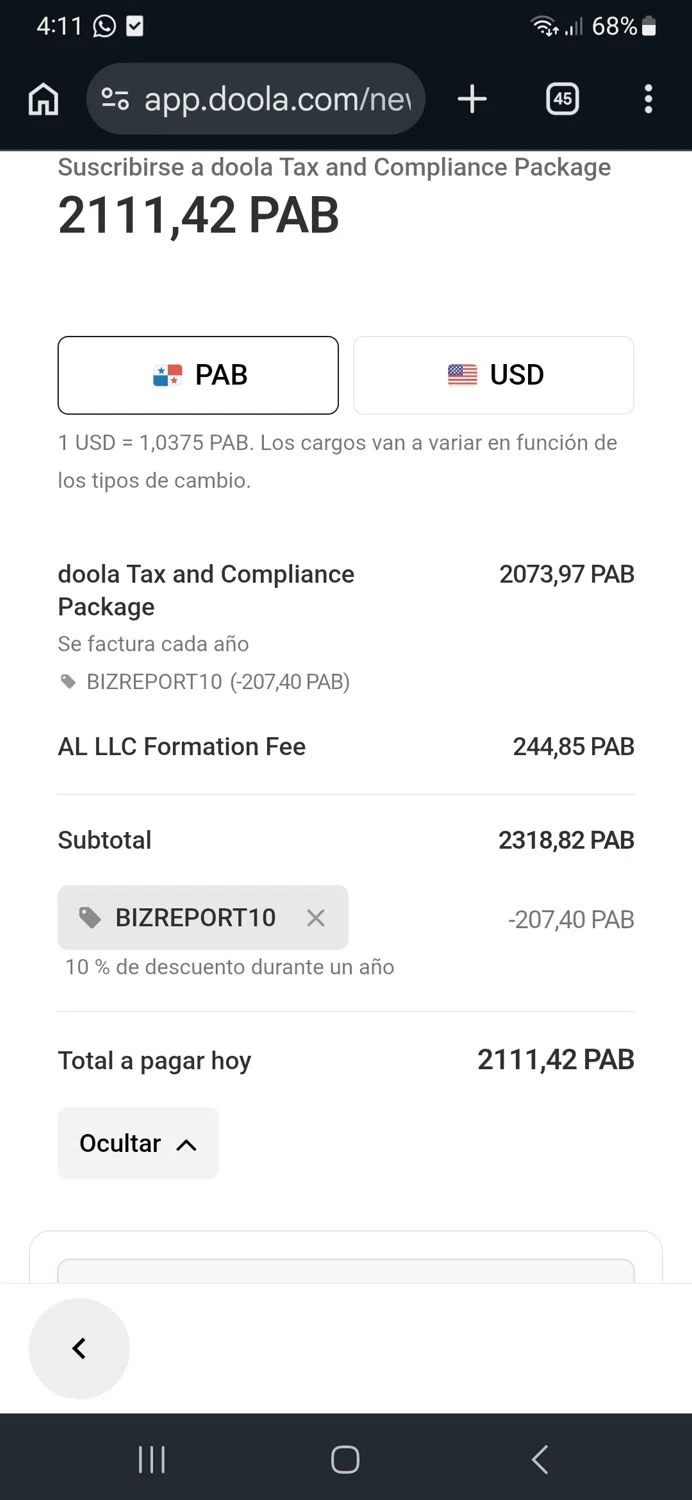 Doola promo code screenshot showing code BIZREPORT10 applied at Doola checkout page. Uploaded by SimplyCodes community member Gv135468293745512 on Jun 11, 2026