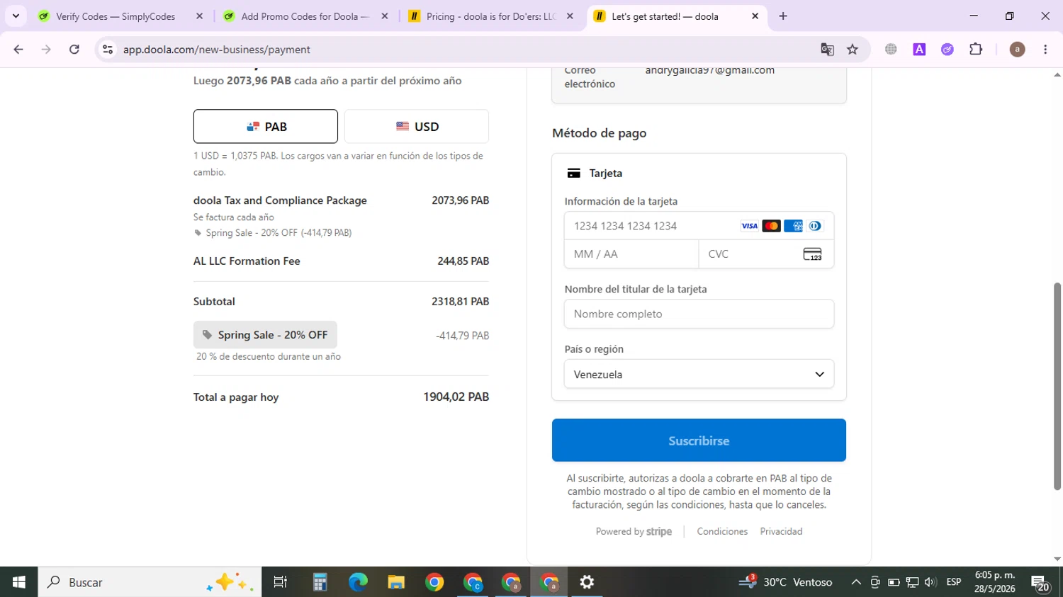 Doola promo code screenshot showing code Spring applied at Doola checkout page. Uploaded by SimplyCodes community member LuckyHawk2225 on May 28, 2026