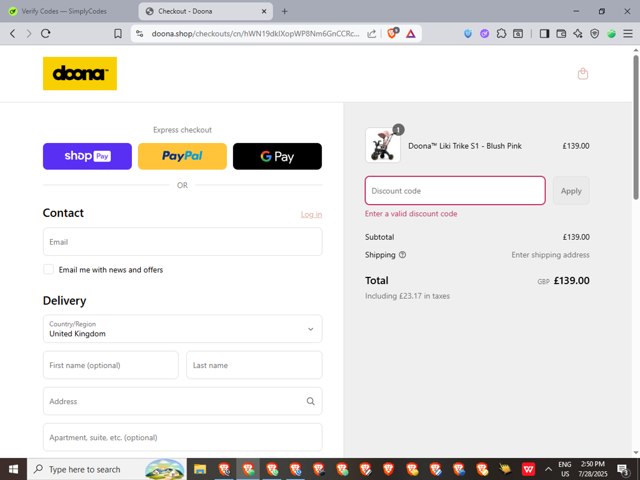 Doona Shop checkout page showing Doona Shop promo code box | Screenshot taken by SimplyCodes community member on Jul 28, 2025