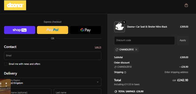 Doona Shop checkout page showing Doona Shop promo code box | Screenshot taken by SimplyCodes community member on Jun 11, 2025